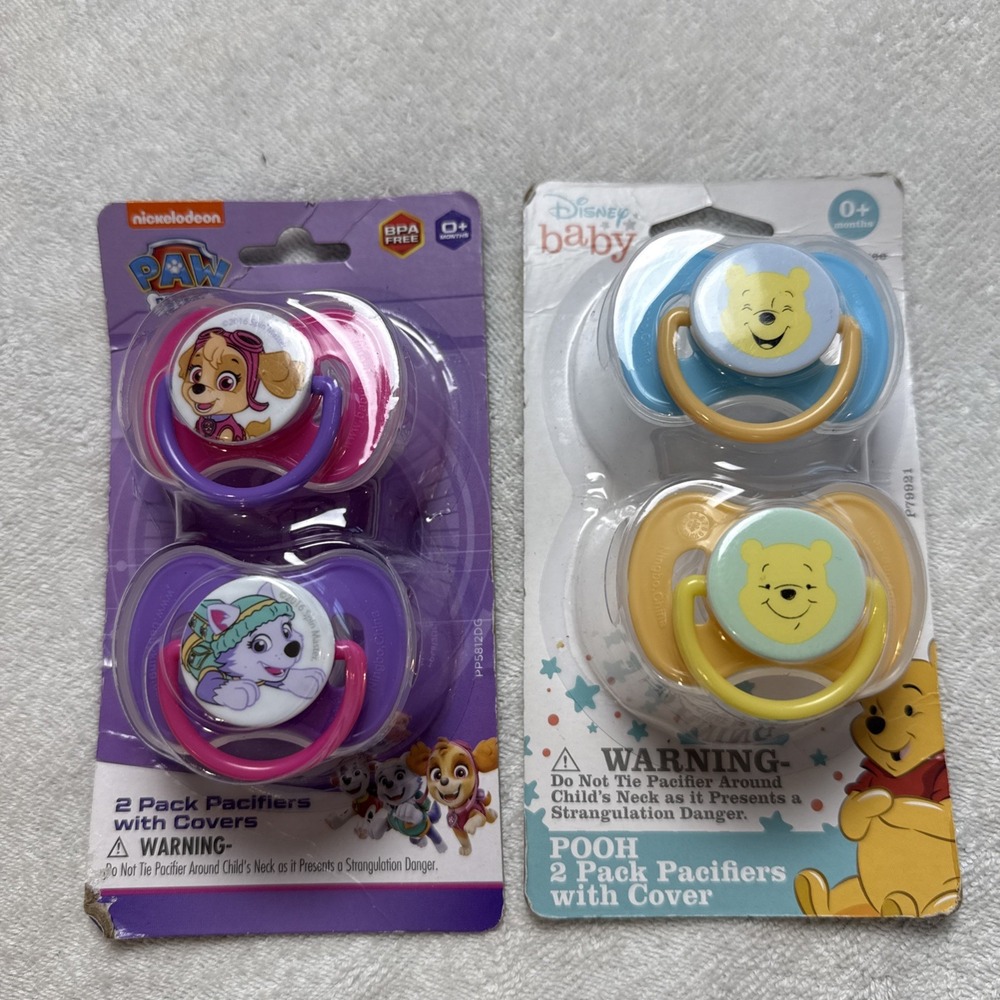 Paw Patrol Skye Everest Disney Baby Winnie Pooh Pacifiers w Covers Lot of 4 NEW